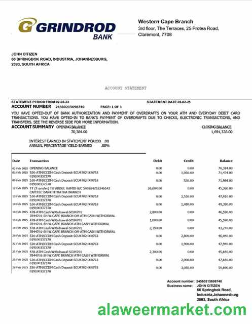South Africa Grindrod Bank account statement Word and PDF template